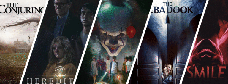 Colaj cu posterele The Conjuring, Hereditary, It, The Babadook și Smile