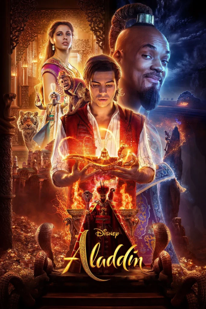 Posterul filmului „Aladdin” (2019) – aventură romantică Disney live-action cu prințesa Jasmine și Aladdin.
