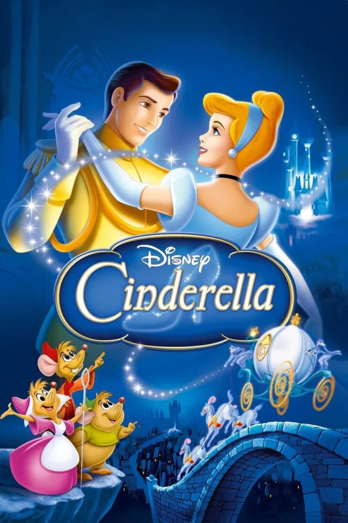 Posterul filmului „Cinderella” (2015) – ecranizare live-action a poveștii Cenușăresei, poveste romantică clasică Disney.