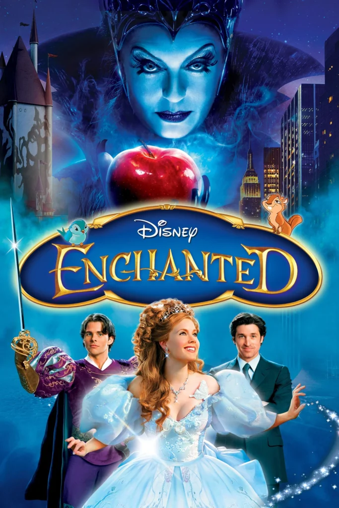 Posterul filmelor „Enchanted” și „Disenchanted” – povești romantice Disney cu Amy Adams între magie și realitate.