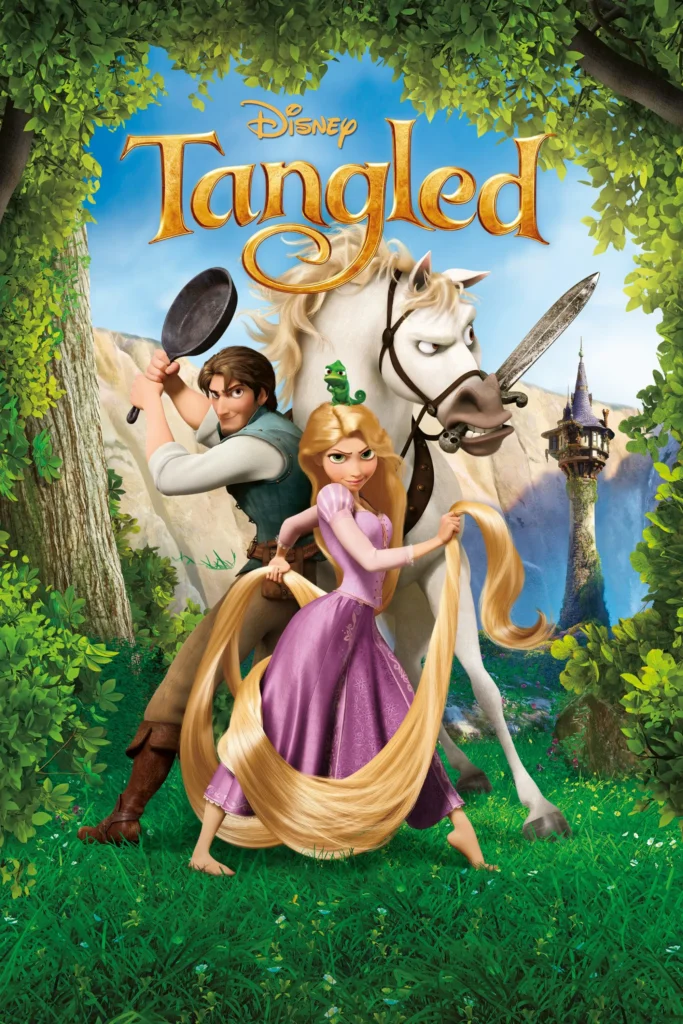 Posterul filmului animat „Tangled” (2010) – reinterpretarea basmului Rapunzel cu o poveste romantică pe Disney+.