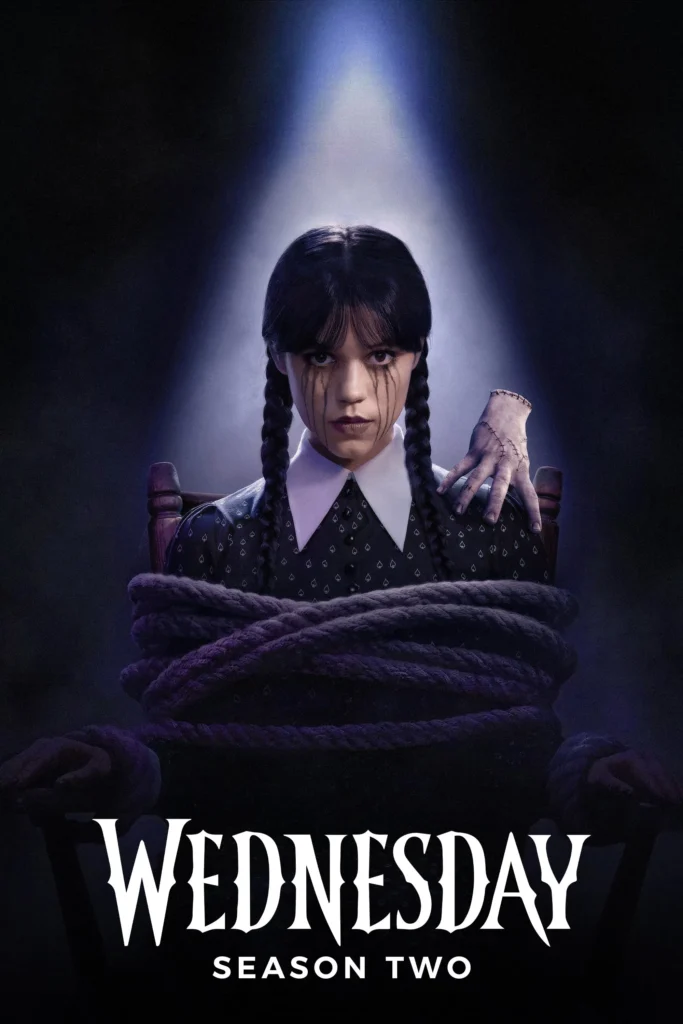 Poster Wednesday sezonul 2 – Wednesday Addams într-un cadru gotic