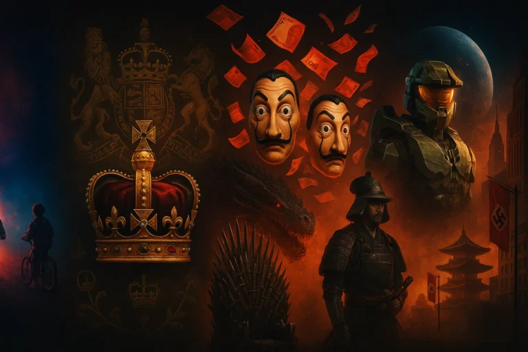 Colaj cu posterele serialelor săptămâna 39, Stranger Things, The Crown, Money Heist, House of the Dragon, Shōgun, Halo și The Man in the High Castle