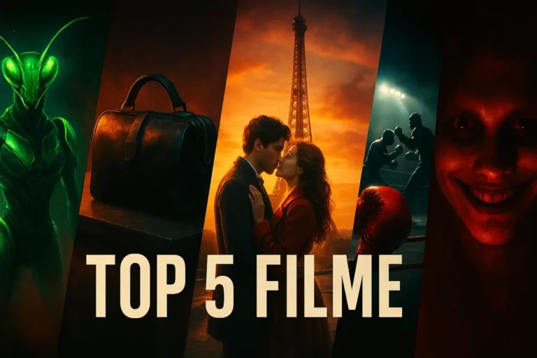 Banner cinematic pentru articolul Top 5 Filme, cu elemente abstracte inspirate din Mantis, Black Bag, French Lover, The Iron Claw și Smile, pe fundal întunecat cu accente roșii și aurii